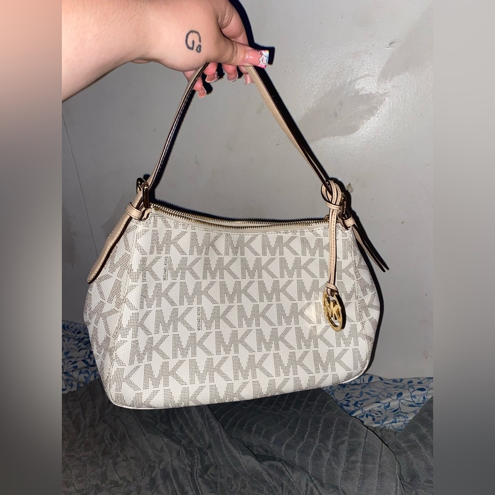 Michael Kors Beige Cream MK Monogram Shoulder Bag with Gold Charm